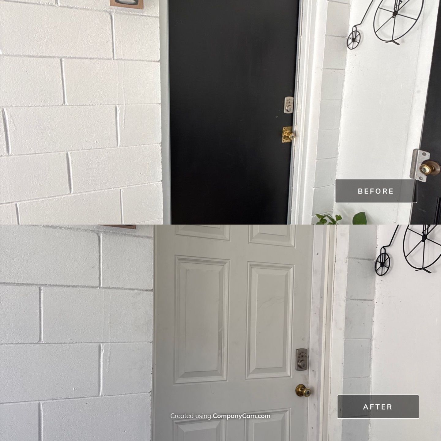 Before and after hurricane-rated entry door installation on concrete block home in Florida