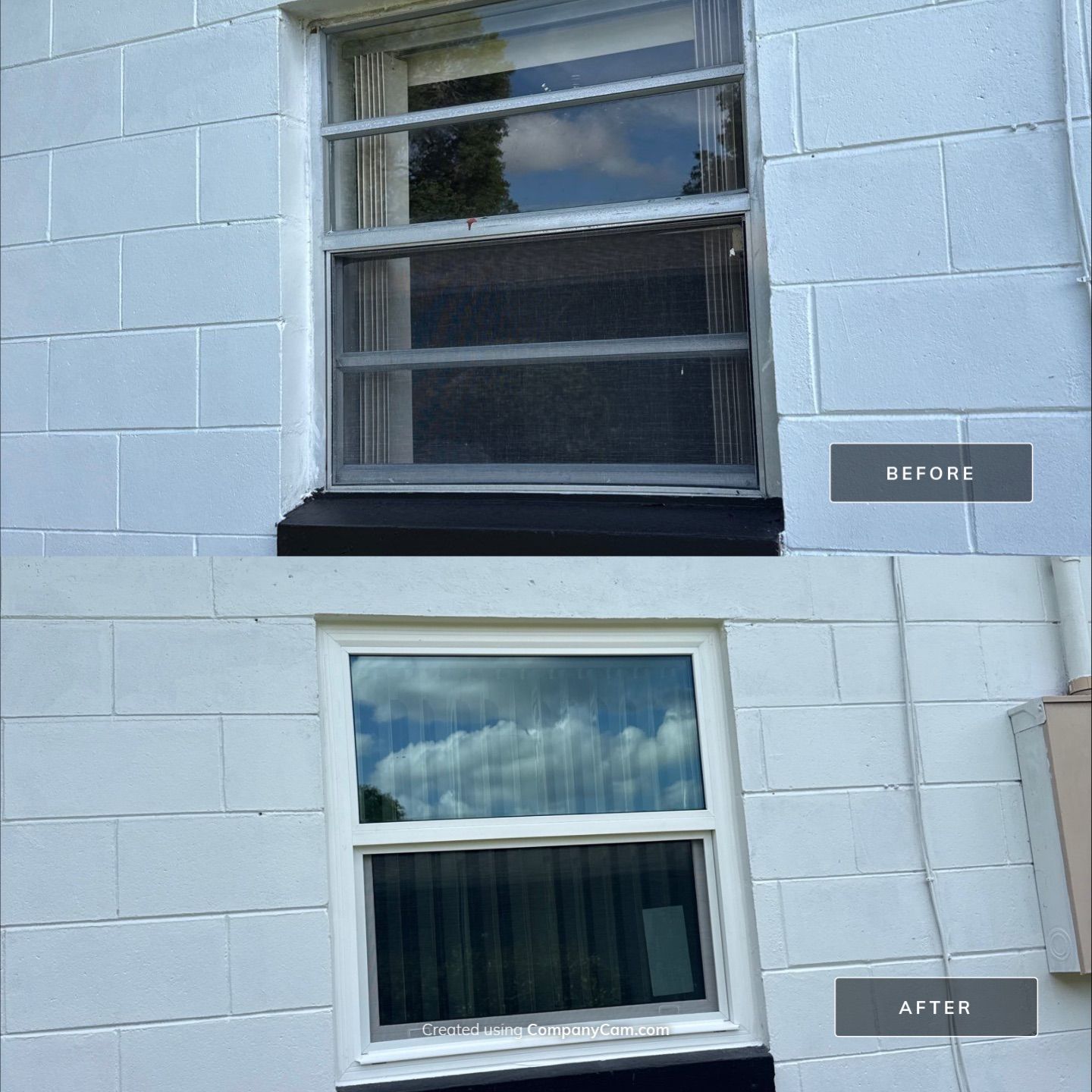 Before and after bedroom impact window installation on block home in Central Florida