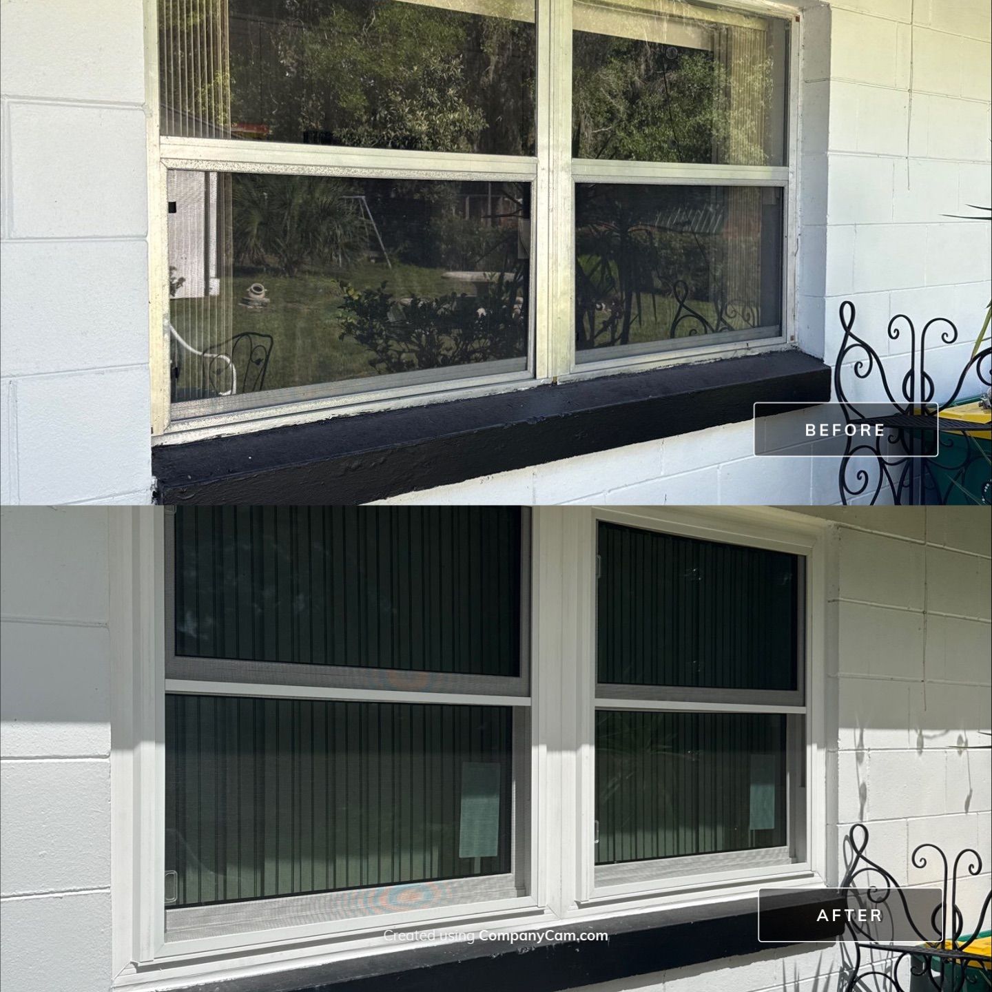 Before and after large impact window replacement on Florida block home