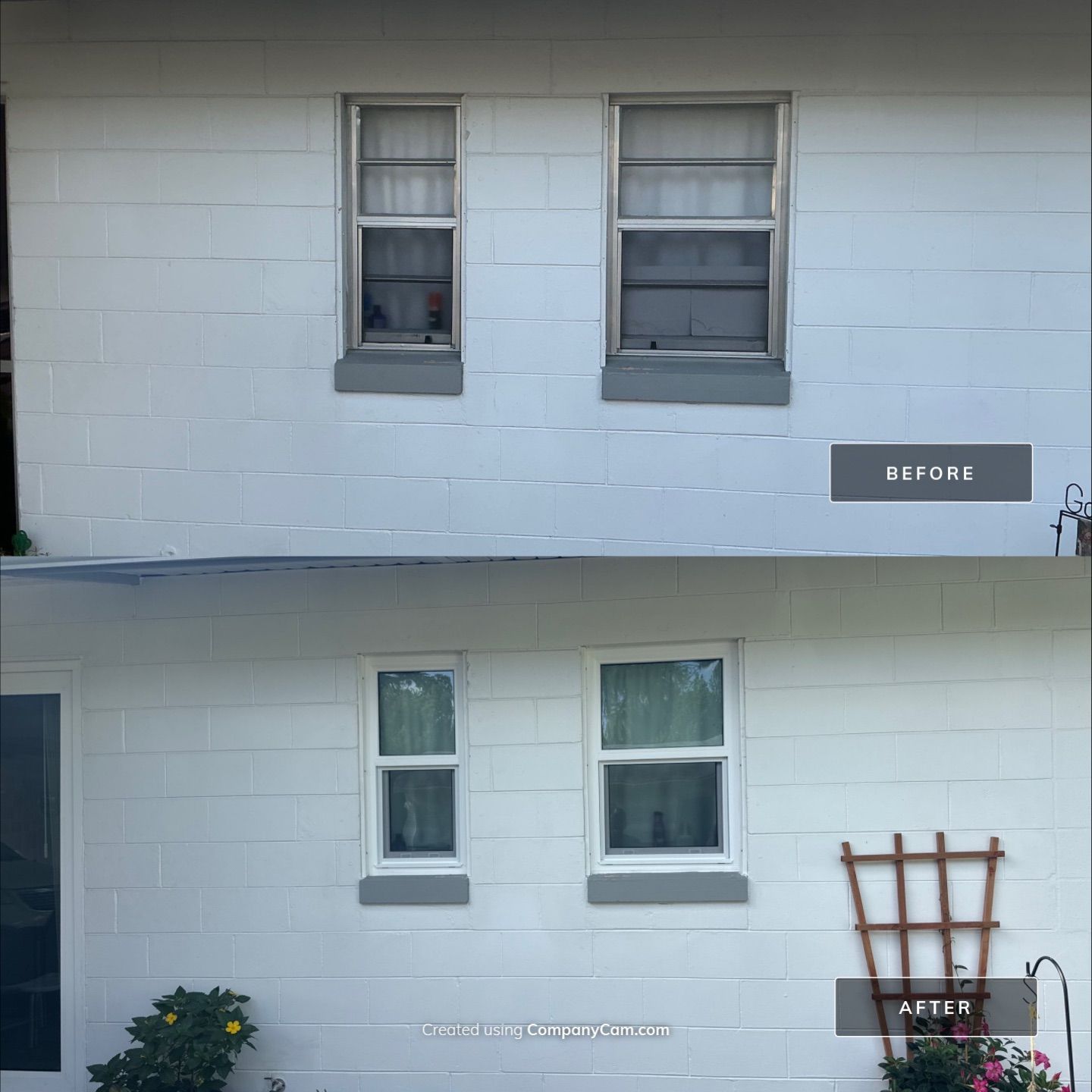 Before and after twin impact single-hung window replacement on Florida concrete block home