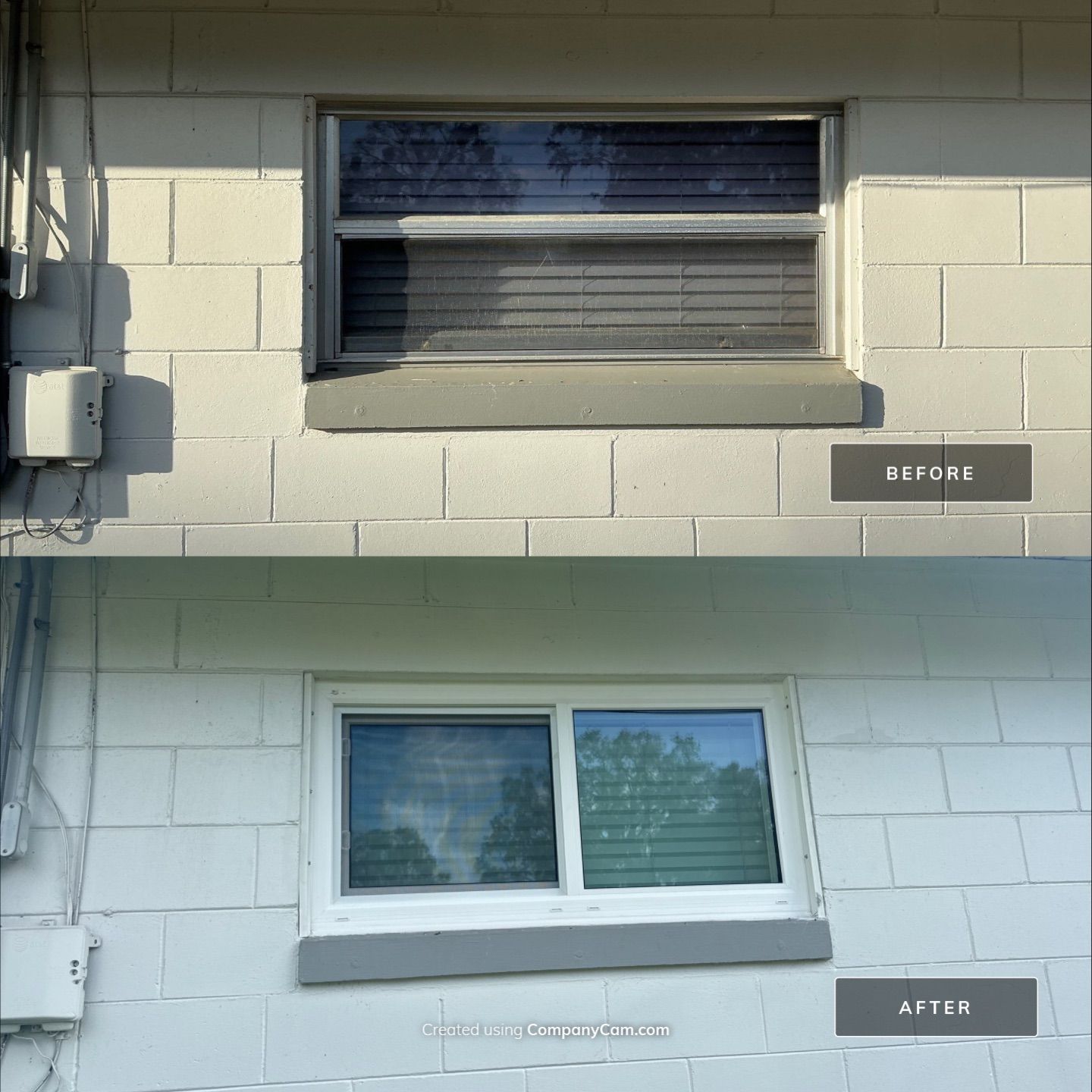 Before and after utility room impact slider window replacement on Florida block home