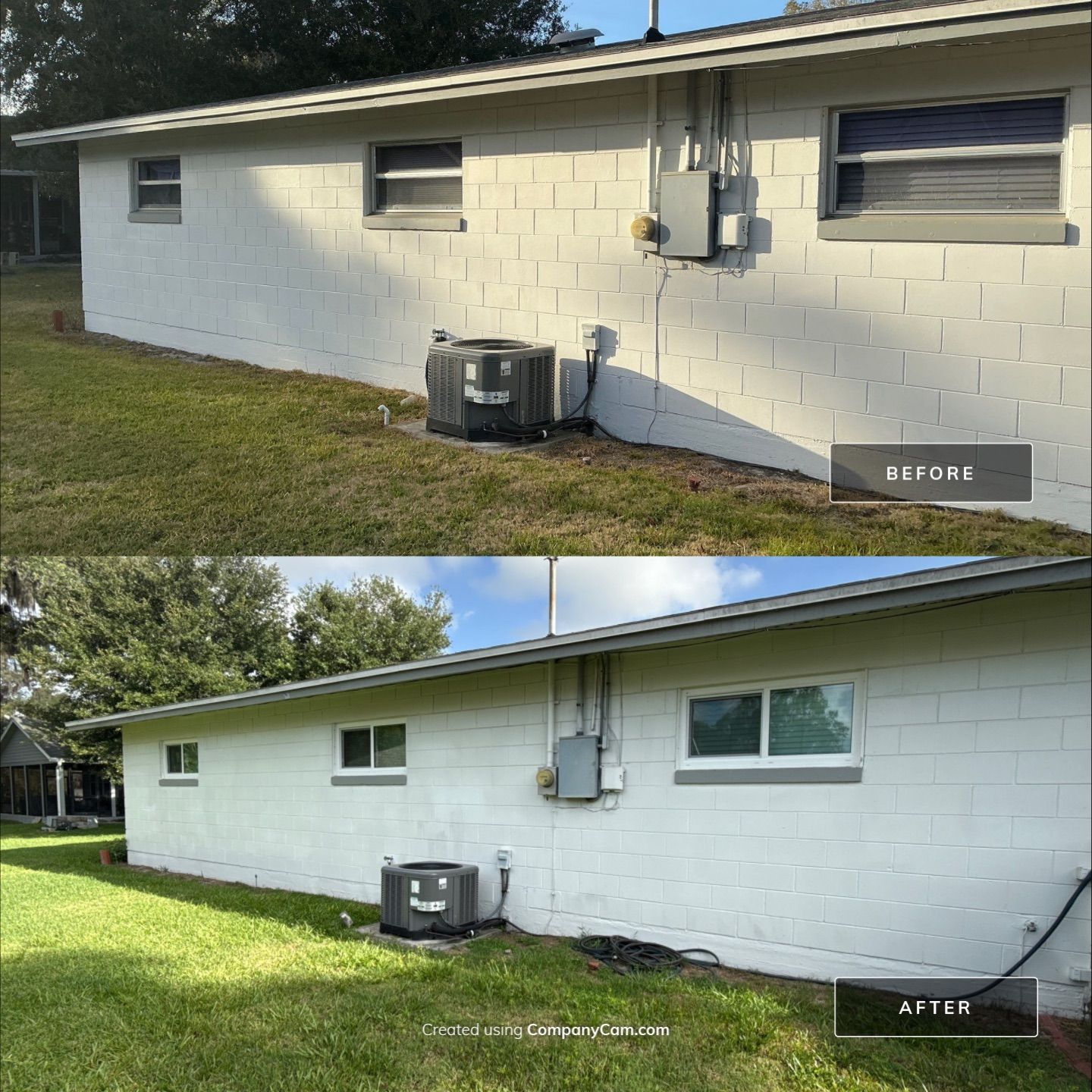 Before and after rear elevation impact window replacement on Florida block home