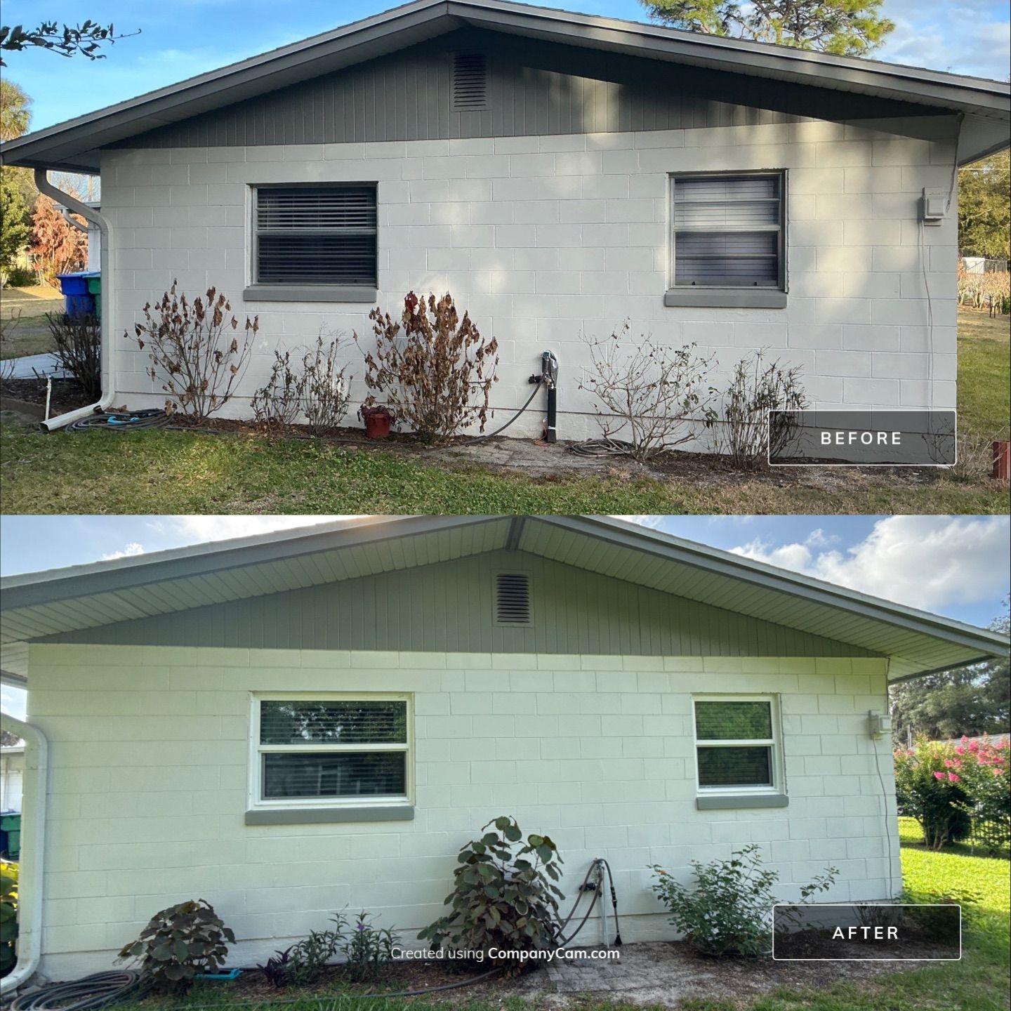 Before and after side elevation impact window replacement on Central Florida block home