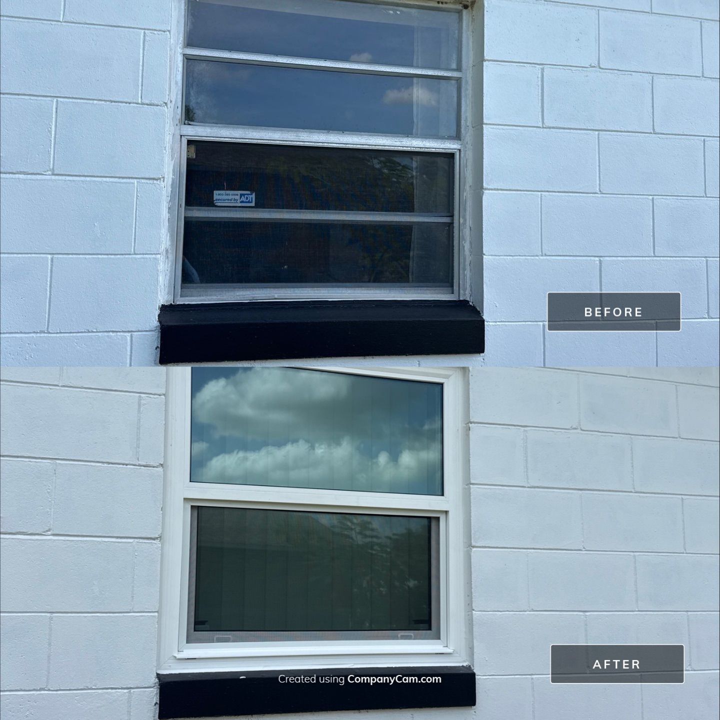 Before and after replacement of jalousie window with hurricane impact window in Florida