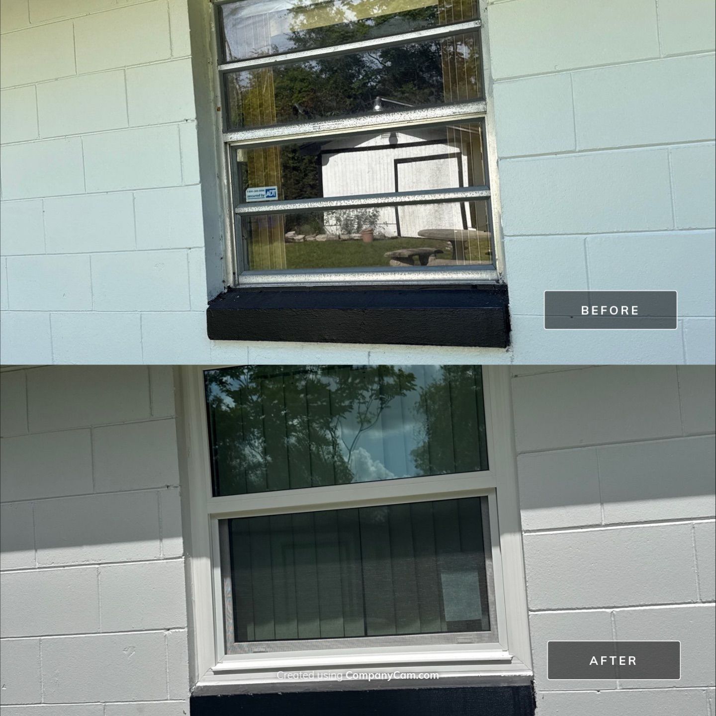 Before and after jalousie window converted to impact single-hung window in Florida